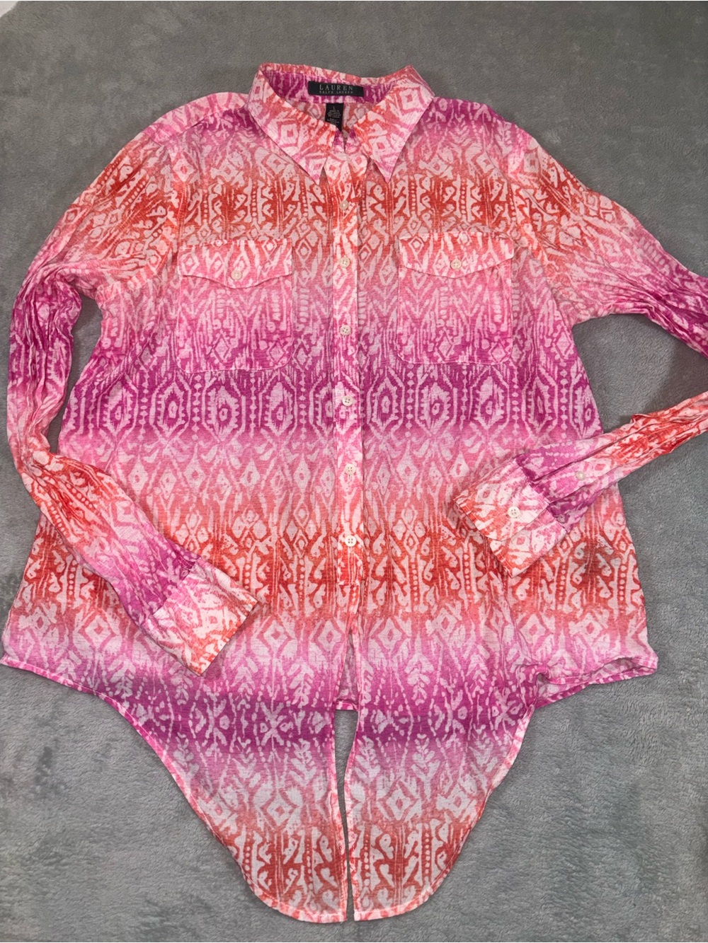 Lauren Ralph Lauren Pink Orange Ombre Ikat Tie-Front Button Down Shirt Large